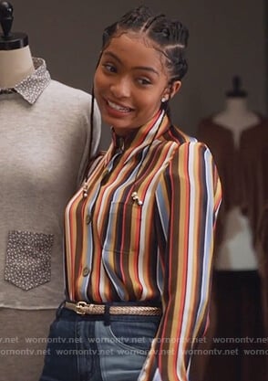 Zoey’s striped shirt and patchwork jeans on Grown-ish
