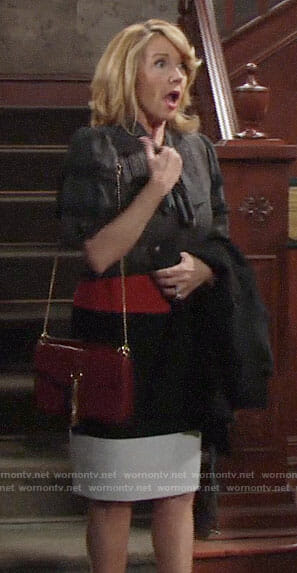 Nikki’s black ruffled sleeve blouse and colorblock skirt on The Young and the Restless