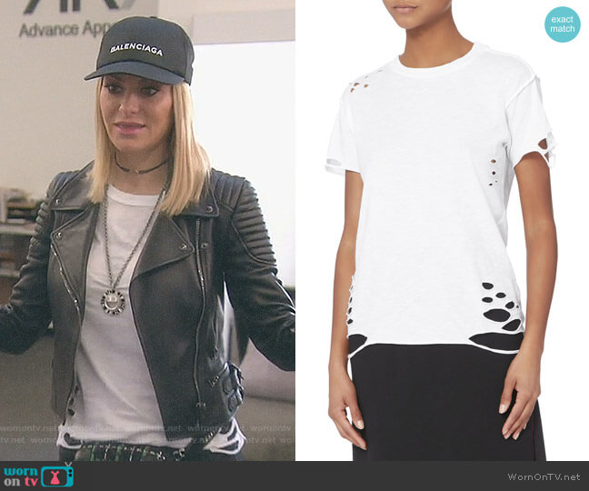 NSF Destroyed White T-Shirt worn by Dorit Kemsley on The Real Housewives of Beverly Hills
