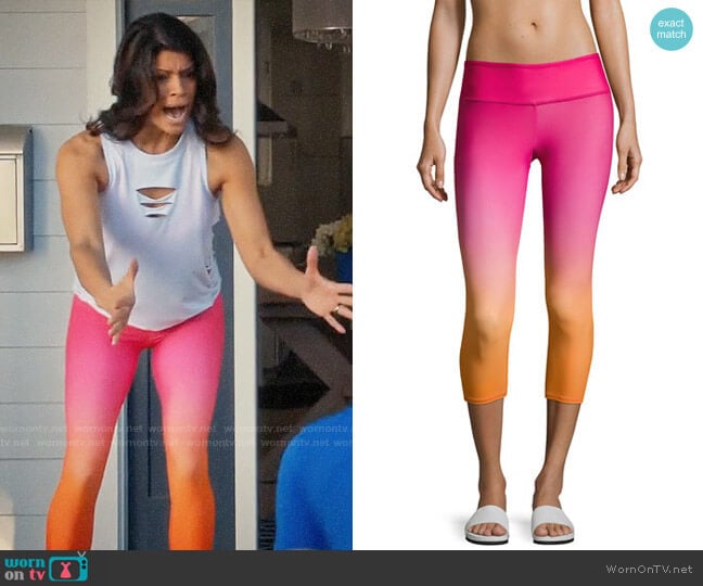Onzie Graphic Capri Performance Leggings worn by Xiomara Villanueva (Andrea Navedo) on Jane the Virgin
