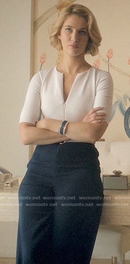 Petra’s white and navy belted jumpsuit on Jane the Virgin
