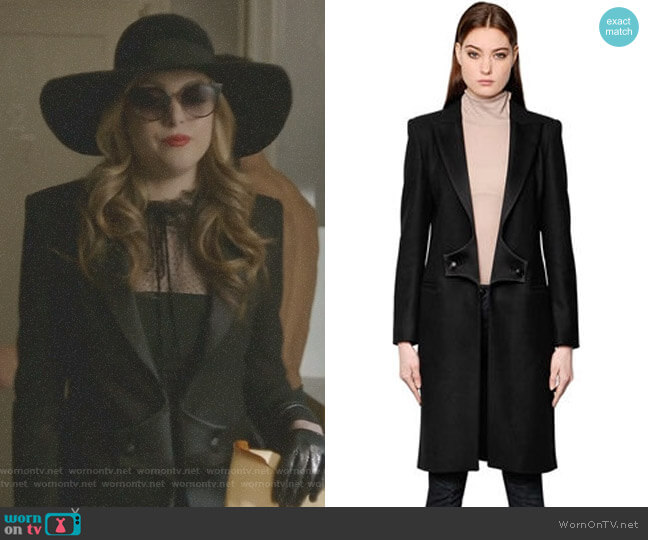 Pierre Balmain Wool Coat with Satin Lapels worn by Fallon Carrington (Elizabeth Gillies) on Dynasty