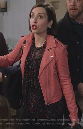 Jen’s pink leather moto jacket on Life in Pieces