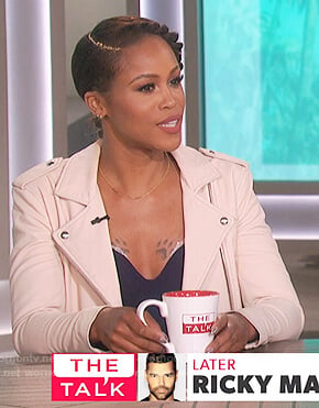 Eve’s pink leather moto jacket on The Talk