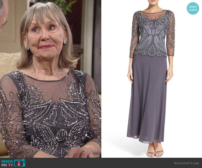 Pisarro Nights Embellished Mesh Gown in Slate worn by Dina Mergeron (Marla Adams) on The Young and the Restless