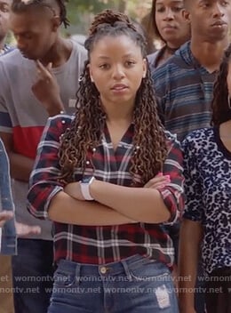 Jazlyn’s plaid pearl embellished shirt on Grown-ish