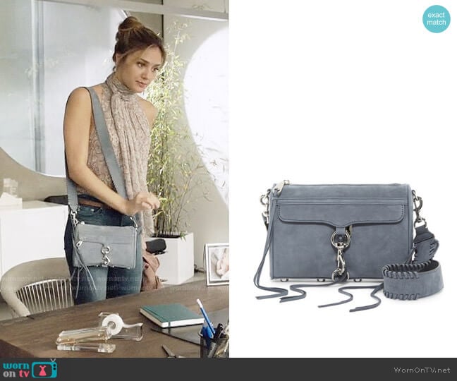 Rebecca Minkoff Mini Mac Leather Crossbody with Guitar Strap in Dusty Blue worn by Megan Morrison (Christine Evangelista) on The Arrangement