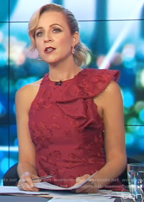 Carrie’s red sleeveless ruffle dress on The Project