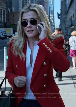 Trish’s red gold button embellished jacket on Jessica Jones