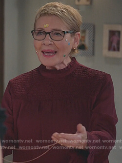Joan’s red smocked front blouse on Life in Pieces