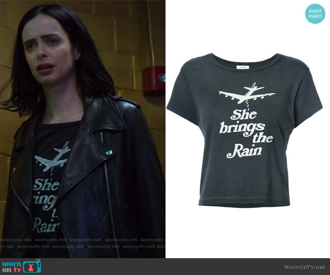 Re/Done She Brings The Rain printed t-shirt worn by Jessica Jones (Krysten Ritter) on Jessica Jones
