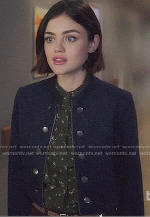 Stella’s green ruffled top and navy jacket on Life Sentence