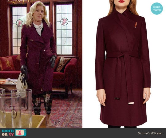 Ted Baker Kikiie Coat in Maroon worn by Pamela Douglas (Alley Mills) on The Bold and the Beautiful