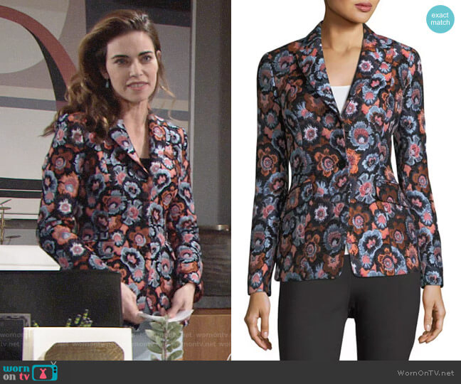 Theory Floral-Jacquard Two-Button Riding Jacket worn by Victoria Newman (Amelia Heinle) on The Young and the Restless