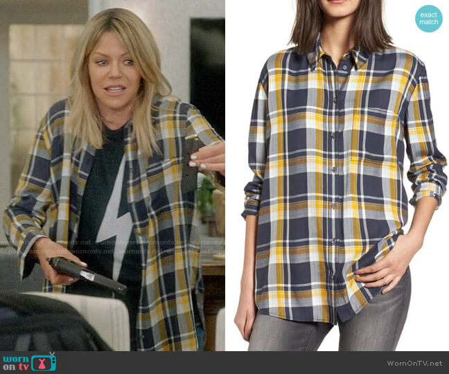 Treasure and Bond Plaid Boyfriend Shirt in Navy Blue Cube Plaid worn by Mackenzie Murphy (Kaitlin Olson) on The Mick