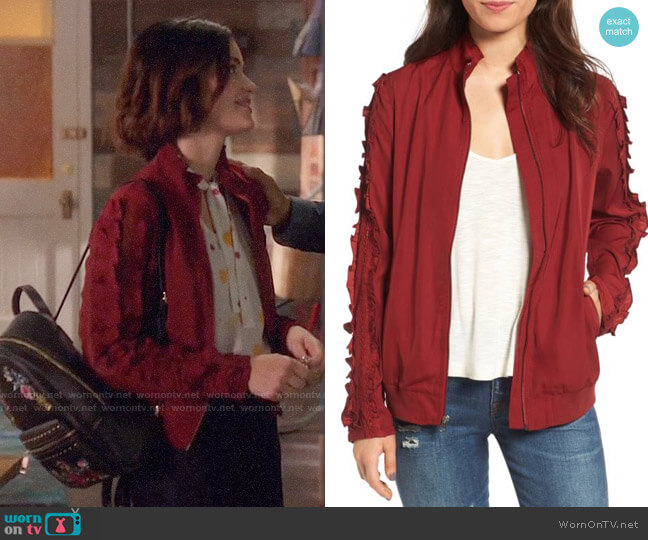 Treasure & Bond Ruffle Sleeve Bomber Jacket worn by Stella Abbott (Lucy Hale) on Life Sentence