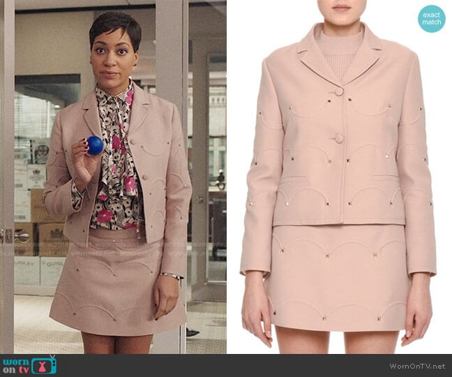 Valentino Rockstud Scalloped Crepe Jacket worn by Lucca Quinn (Cush Jumbo) on The Good Fight