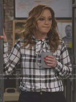 Vanessa’s white plaid tie-neck blouse on Kevin Can Wait