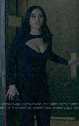 Veronica’s black jumpsuit with cutout bust on Riverdale