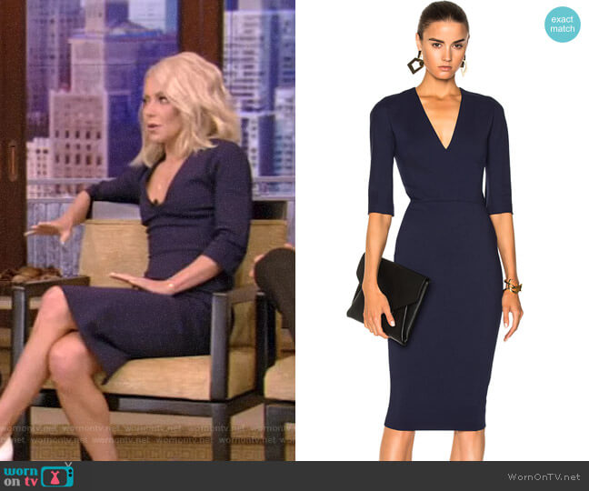 Victoria Beckham Microbrush Mid Sleeve V-Neck Fitted Dress worn by Kelly Ripa on Live with Kelly and Mark