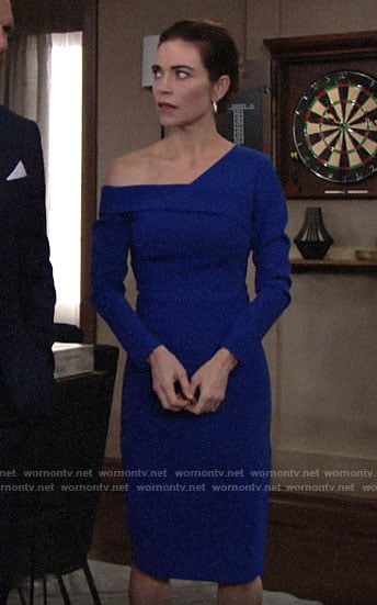 Victoria’s blue long sleeved off-shoulder dress on The Young and the Restless