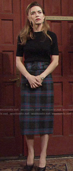 Victoria’s blue plaid pencil skirt on The Young and the Restless