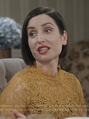 Jen’s yellow floral lace top on Life in Pieces