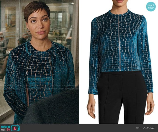 Yigal Azrouël Velvet Burnout Jacket worn by Lucca Quinn (Cush Jumbo) on The Good Fight