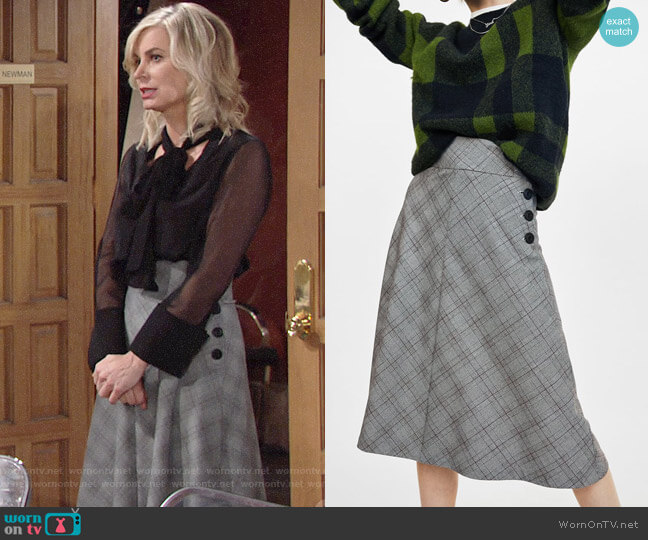 Zara Checked Midi Skirt with Buttons worn by Ashley Abbott (Eileen Davidson) on The Young and the Restless