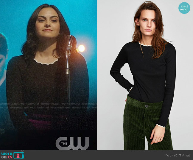 Zara T-shirt with Zigzag Neckline worn by Veronica Lodge (Camila Mendes) on Riverdale
