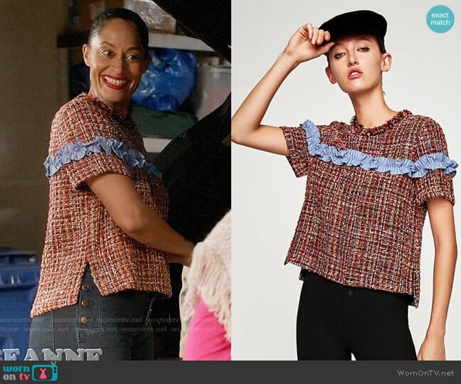 Zara Tweed Top with Contrasting Ruffle worn by Rainbow Johnson (Tracee Ellis Ross) on Black-ish