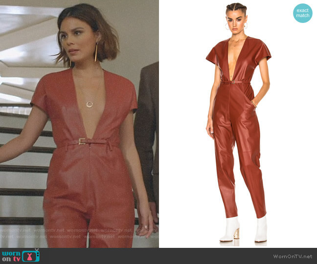 Zeynep Arcay V-Neck Leather Jumpsuit worn by Cristal Flores (Nathalie Kelley) on Dynasty
