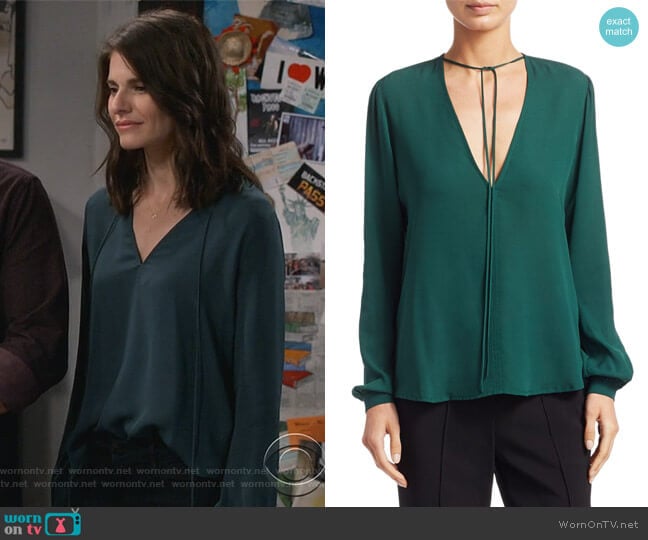 ALC Kirk Long-Sleeve Silk V-Neck Blouse worn by Leslie Curry (Lindsey Kraft) on Living Biblically