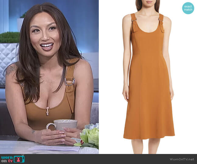 ALC Sander Buckle Strap Midi Dress worn by Jeannie Mai on The Real