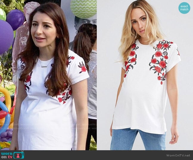 ASOS Maternity T-Shirt With Floral Embroidery worn by Aly Nelson (Nasim Pedrad) on New Girl