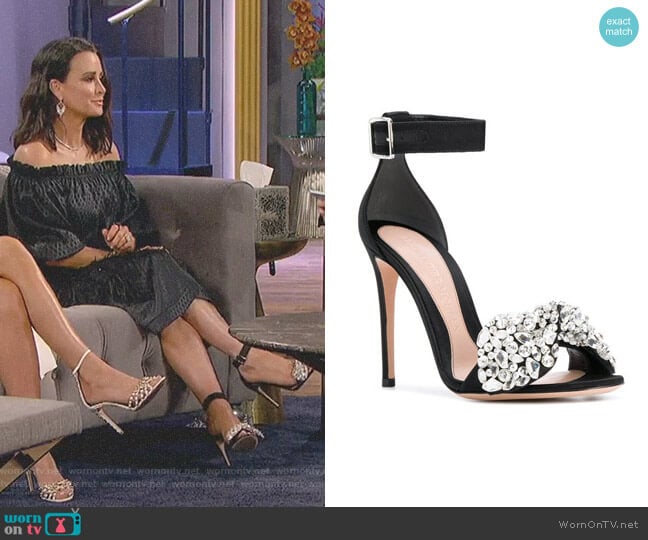 Alexander McQueen Embellished Bow Sandals worn by Kyle Richards on The Real Housewives of Beverly Hills