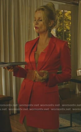 Alexis’s red v-neck dress and belted jacket on Dynasty