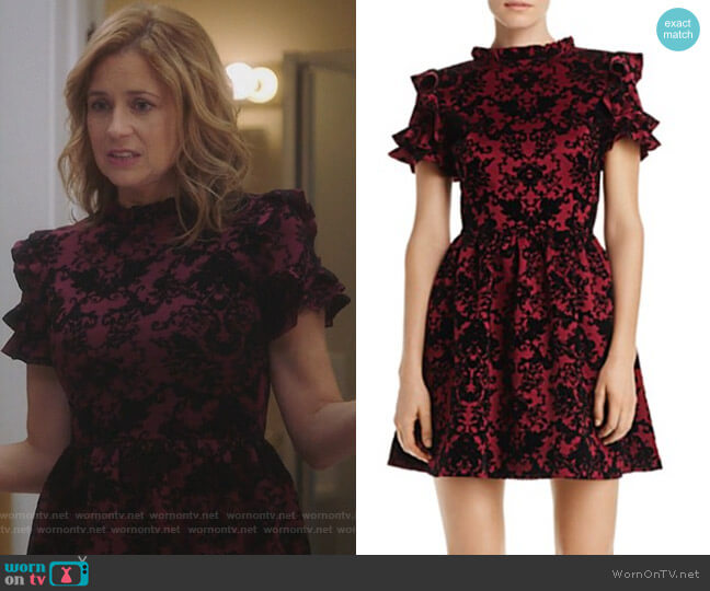 Aqua Flocked Ruffle-Sleeve Dress worn by Lena (Jenna Fischer) on Splitting Up Together