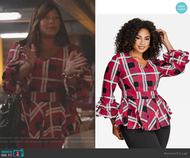 Ashley Stewart Plaid Ruffle Sleeve Blouse worn by Carlotta Brown (Queen Latifah) on Star