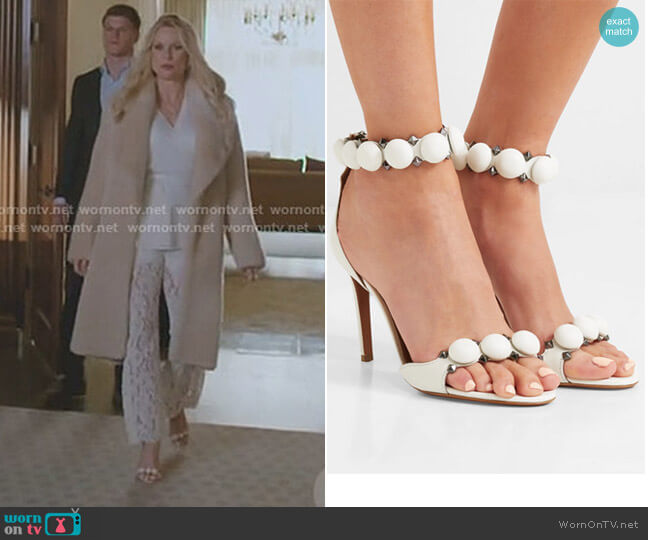 Alaia Bombe Studded Leather Sandals worn by Alexis Carrington (Elaine Hendrix) on Dynasty