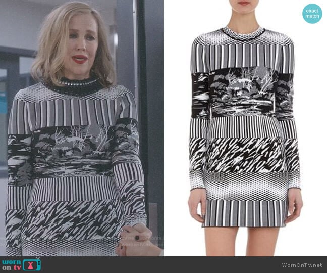 Balenciaga Mixedpattern Jacquard Knit Dress worn by Moira Rose (Catherine O'Hara) on Schitts Creek