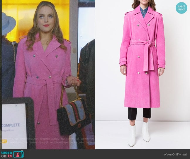 Calvin Klein 205W39NYC Suede Trench Coat worn by Fallon Carrington (Elizabeth Gillies) on Dynasty
