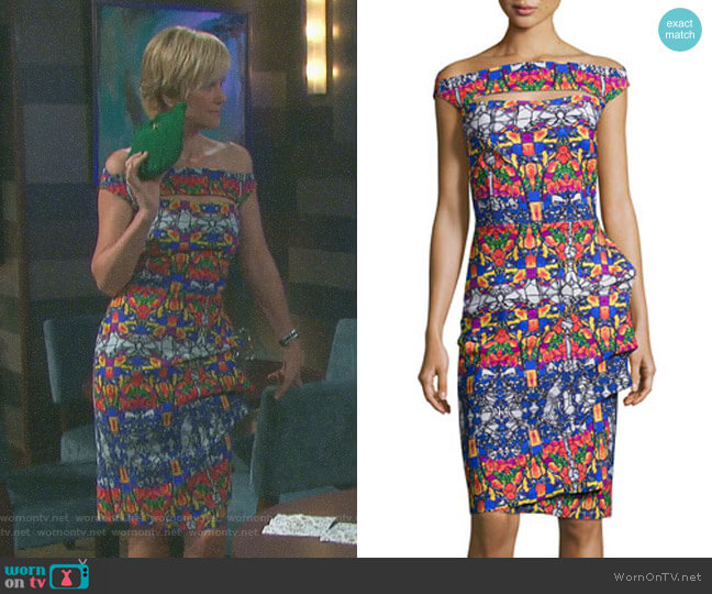 Chiara Boni La Petite Robe Off-the-Shoulder Printed Cutout Cocktail Dress worn by Eve Donovan (Kassie DePaiva) on Days of our Lives
