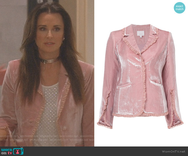 Cinq a Sept Velvet Ruffled Blazer worn by Kyle Richards on The Real Housewives of Beverly Hills