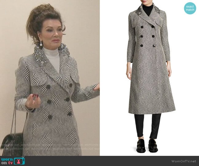 Creatures Of The Wind Optic Jacquard Double-Breasted Dress Coat with Embellished Collar worn by Lisa Vanderpump on The Real Housewives of Beverly Hills
