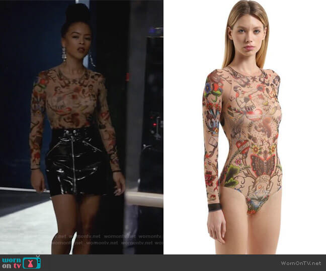 DSquared2 Brown Tattoo Printed Tulle Stretch Bodysuit worn by Tiana Brown (Serayah McNeill) on Empire