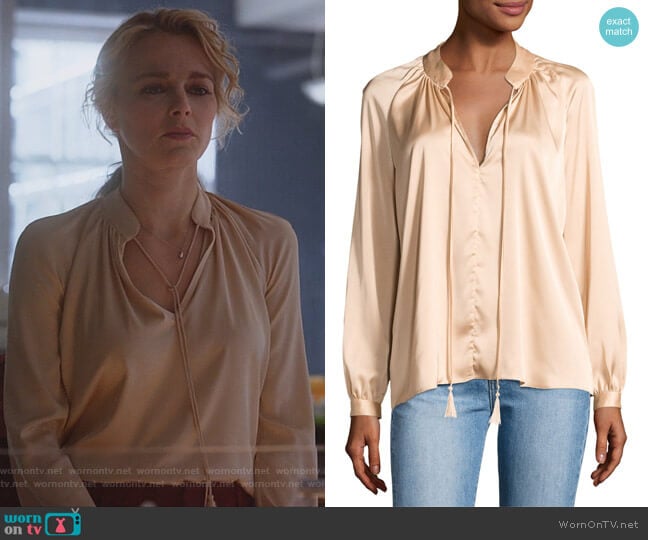 Derek Lam 10 Crosby Nehru Long-Sleeve Satin Blouse worn by Lizzie Needham (Bojana Novakovic) on Instinct
