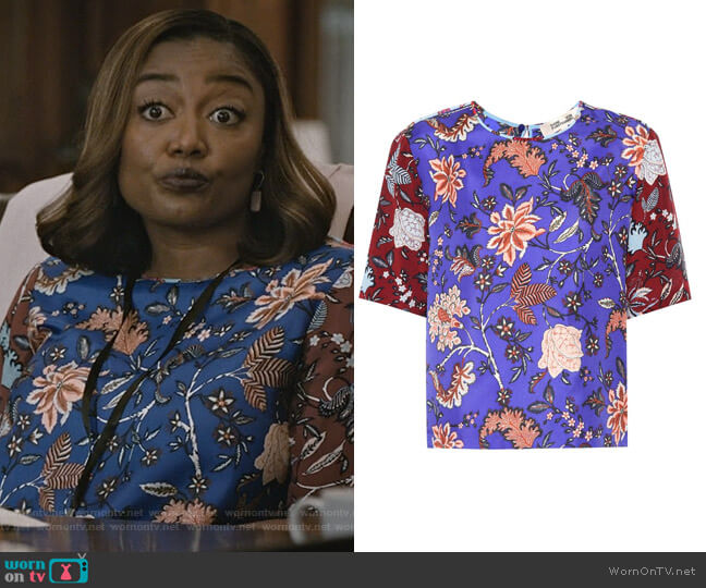 Diane von Furstenberg Floral-printed silk shirt worn by Daisy Grant (Patina Miller) on Madam Secretary