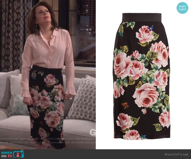 Dolce & Gabbana Rose-print stretch-silk skirt worn by Karen Walker (Megan Mullally) on Will and Grace