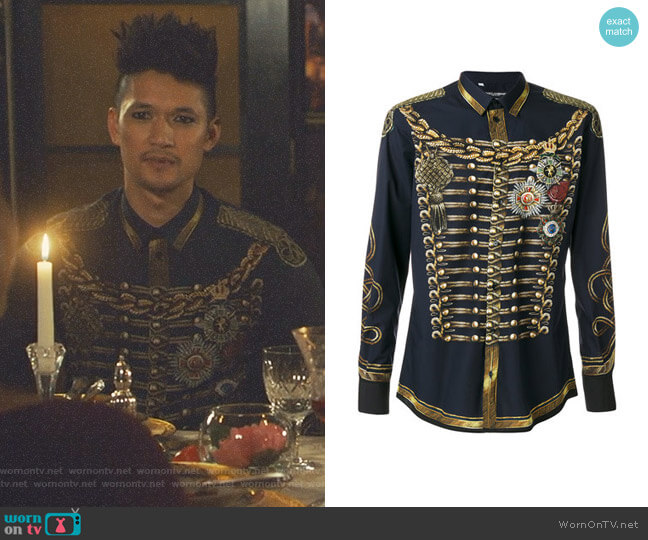 Dolce & Gabbana Military Jacket Print Shirt worn by Magnus Bane (Harry Shum Jr.) on Shadowhunters